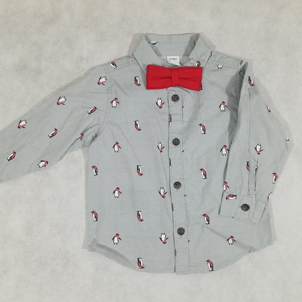 Old Navy Button Down Shirt Gray Penguin Print and Bow Tie Boys Size 12-18 mo